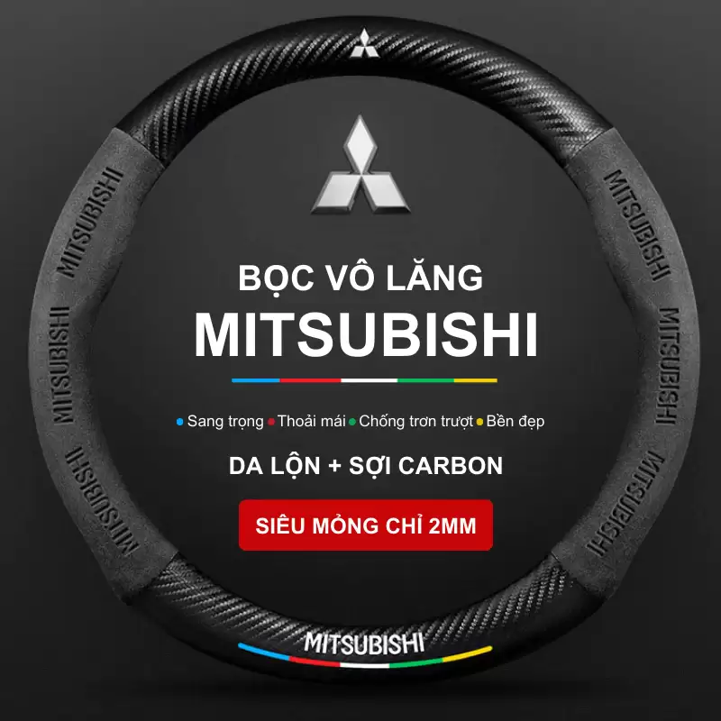 BỌC VÔ LĂNG XE MITSUBISHI CHẤT LIỆU DA LỘN 3D & SỢI CARBON CAO CẤP, CHÍNH HÃNG
